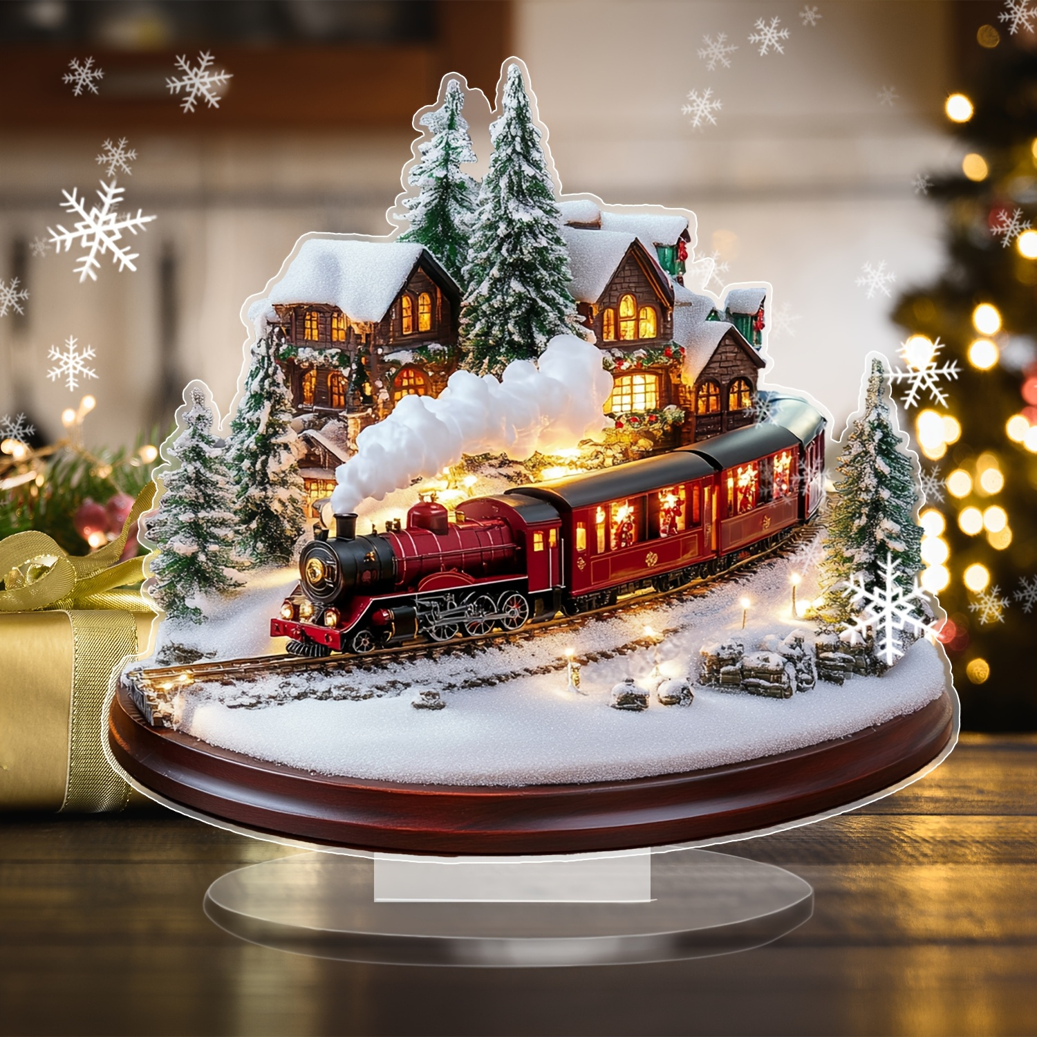 

2d Flat 1pc Modern Acrylic Christmas Train Decor Sign, 2d Scene With Warm Lighting, Multipurpose Festive Tabletop Ornament For Home And Office, English Text