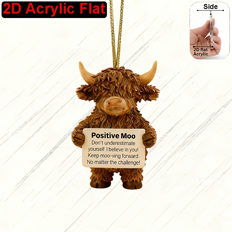TEMU 2d Flat, Scottish Highland Cow Pendant Suitable For All Holidays, Bohemian Farm Animal Decor With Positive Moo Quotes - Acrylic Car Mirror