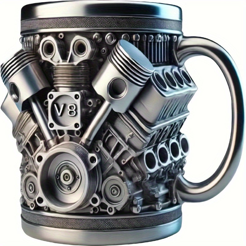 V8 Engine Design Coffee Mug - Handcrafted Durable Cup for Car Enthusiasts, Auto Mechanic Gift, Racing Fan Present, Handiwork Car Lover Drinkware with Vintage Motor Art
