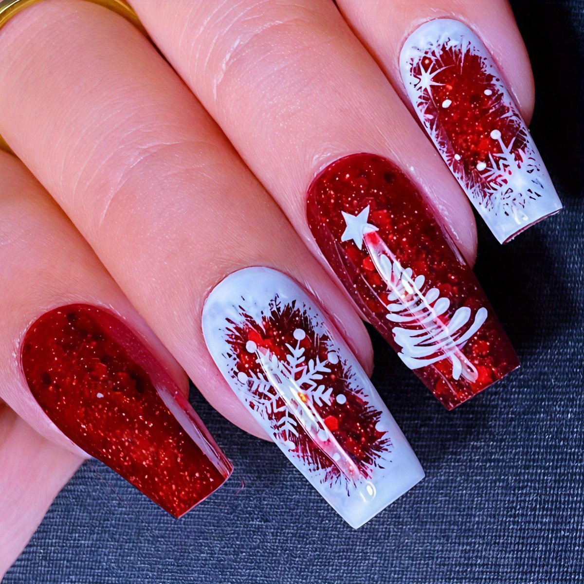 48pcs Pieces Long Press- Nails With Glossy - Winter Christmas Nail Art Suitable For Parties, Weddings & Daily Wear - Application Glitter-free Square False Nails (no Nails)