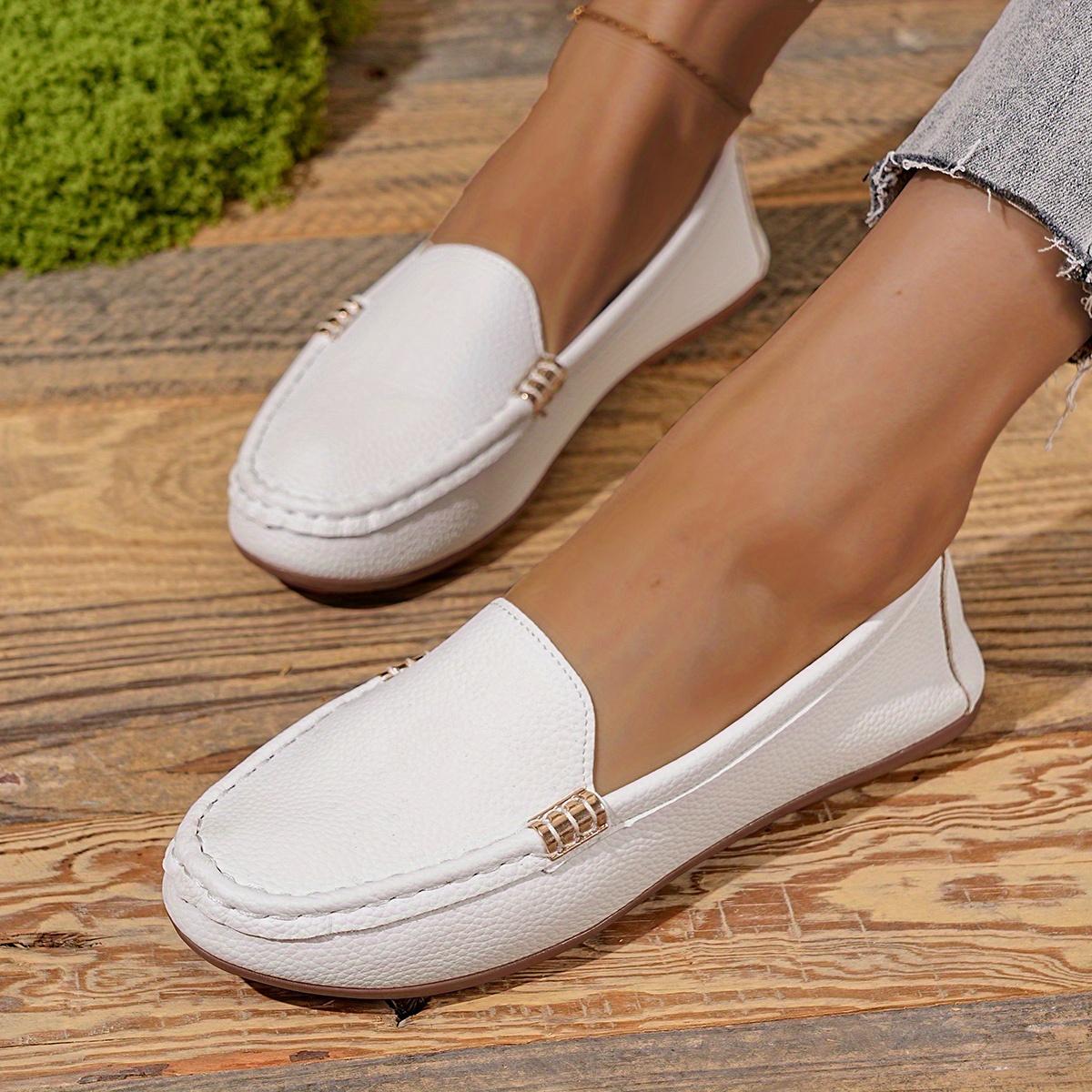 womens slip loafers white textured fabric golden double  display picture 1