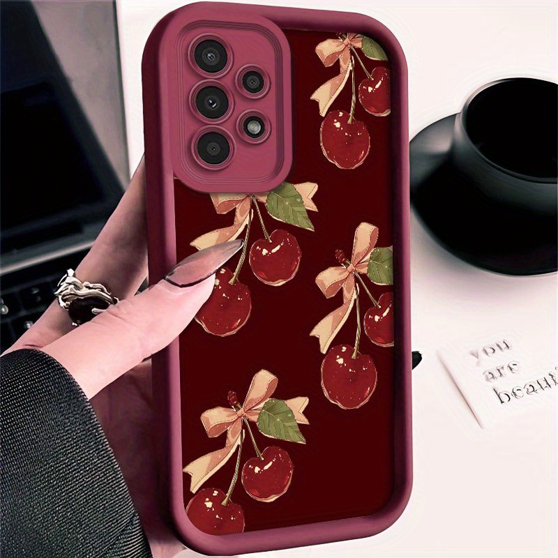 TEMU Phone Case - 1pc Wine Red Sweetheart Cherry Bow Pattern Frosted Full Coverage Anti-fall Phone Case For A03s A04 A05 A05s A06 A12 A13 A14 A15 A16
