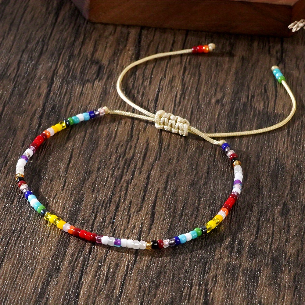 Boho Rainbow Glass Bead Bracelet Lightweight Yellow Cord Decorative Knots