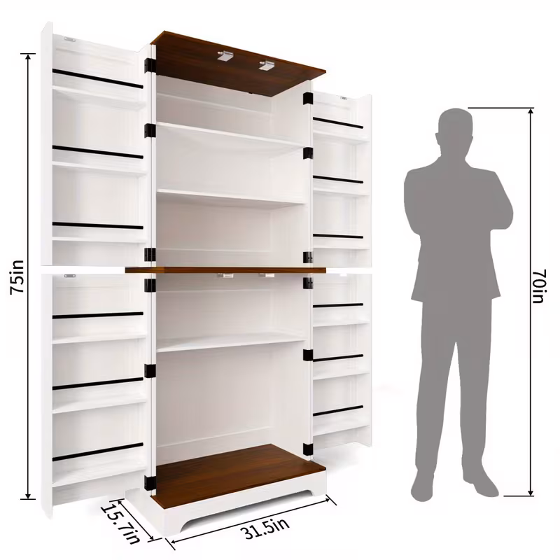 75" Tall White Farmhouse Storage Cabinet with Adjustable Shelves - Rustic Wood Pantry Cupboard for Kitchen, Bathroom & Dining Room