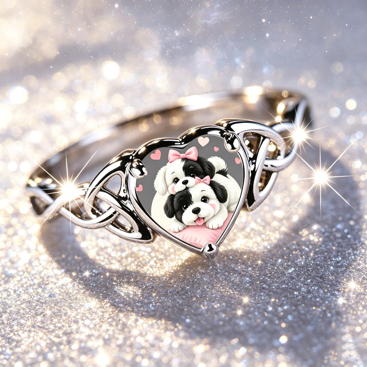 Heart-Shaped Twin Puppies Ring, Celtic Infinity Knot Design