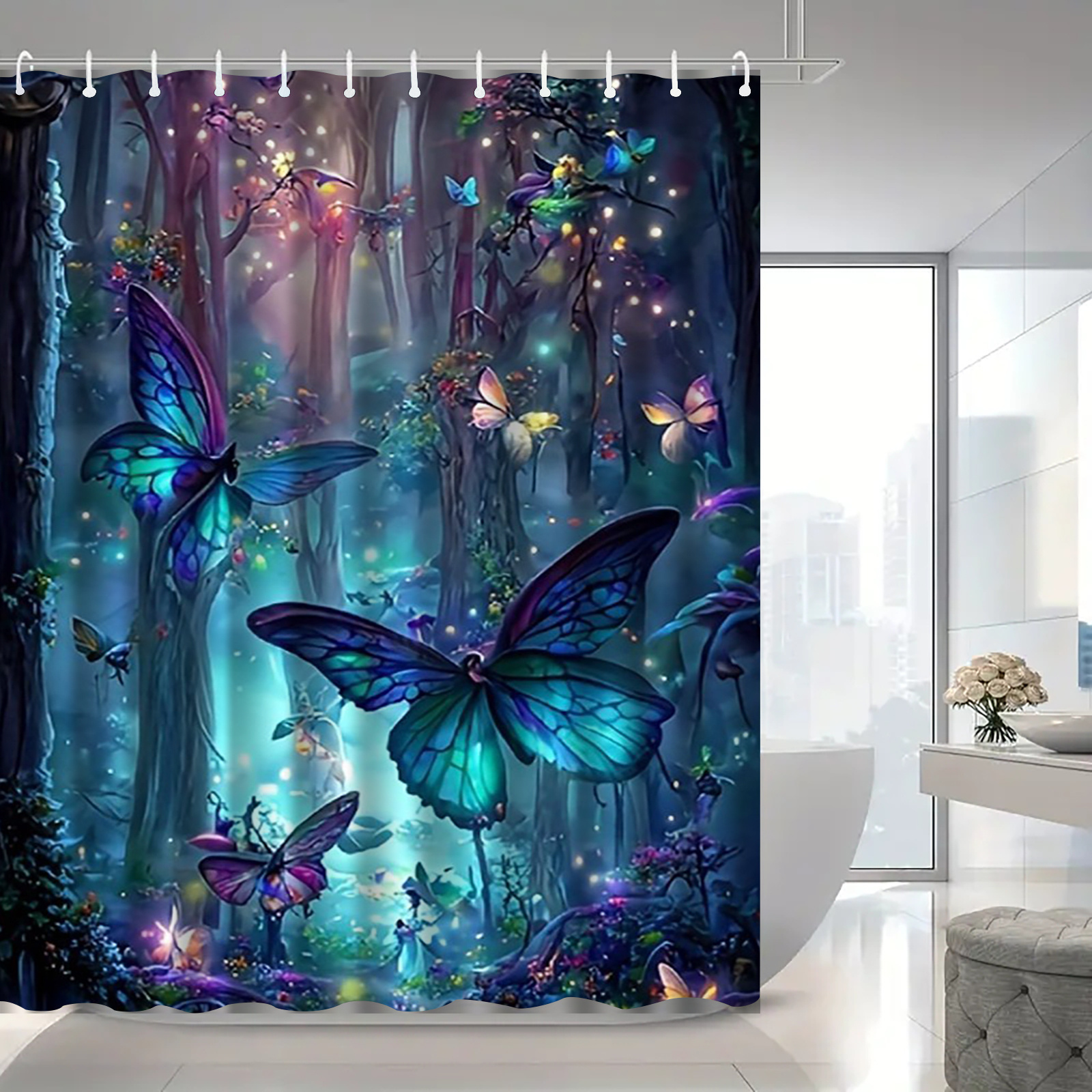 1 cortina de baño con * de mariposas * en * * ganchos, lavable, divisores  para baño, accesorios de baño, decoración *, image size:1600x1600