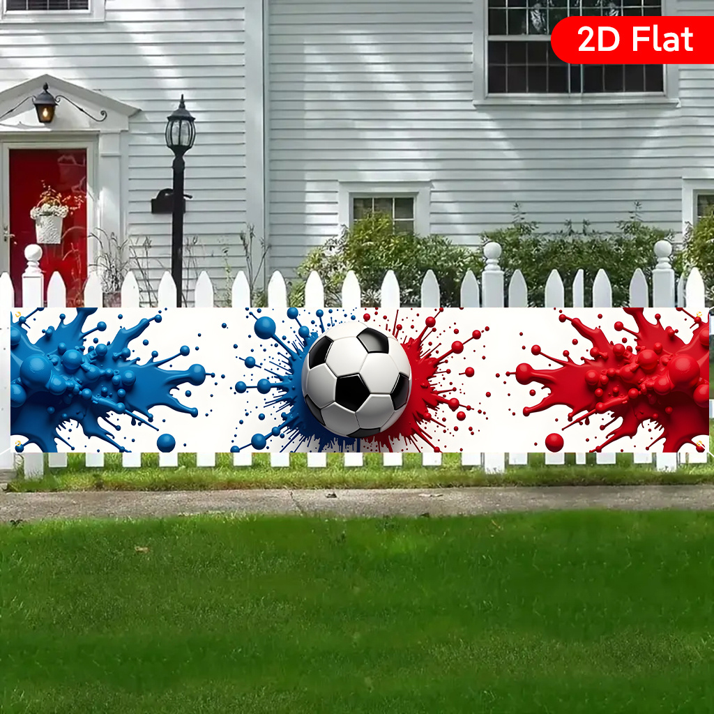 TEMU Plat 2D, Bannière Plate 2D 1 pièce, Un Ballon de Foot avec Éclaboussures de Peinture Rouge et Bleue1, Bannière de à Motif , Fête d'Anniversaire