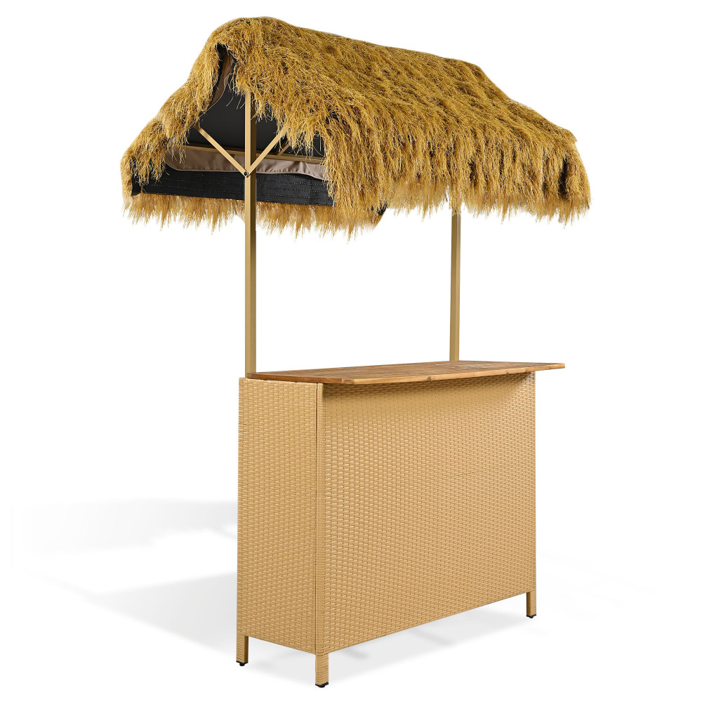 Outdoor Bar Set with Grass Canopy, 2-Seat Patio Bar Table And Stools, Bar Height Outdoor Dining Set, Adjustable Feet Design, Built-In Storage Space, Tiki Bar Furniture for Backyard Poolside Garden Deck Porch Balcony