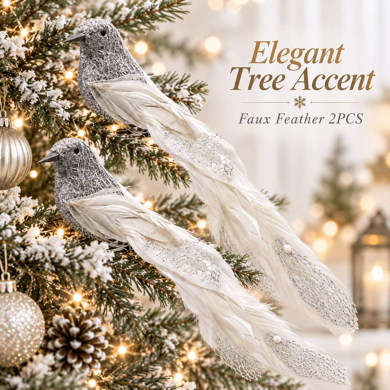 TEMU Collectible Figurines Christmas Feather Birds Set, 2pcs Elegant Artificial Ornaments With Glitter Silver Design, Decorations, Christmas Tree