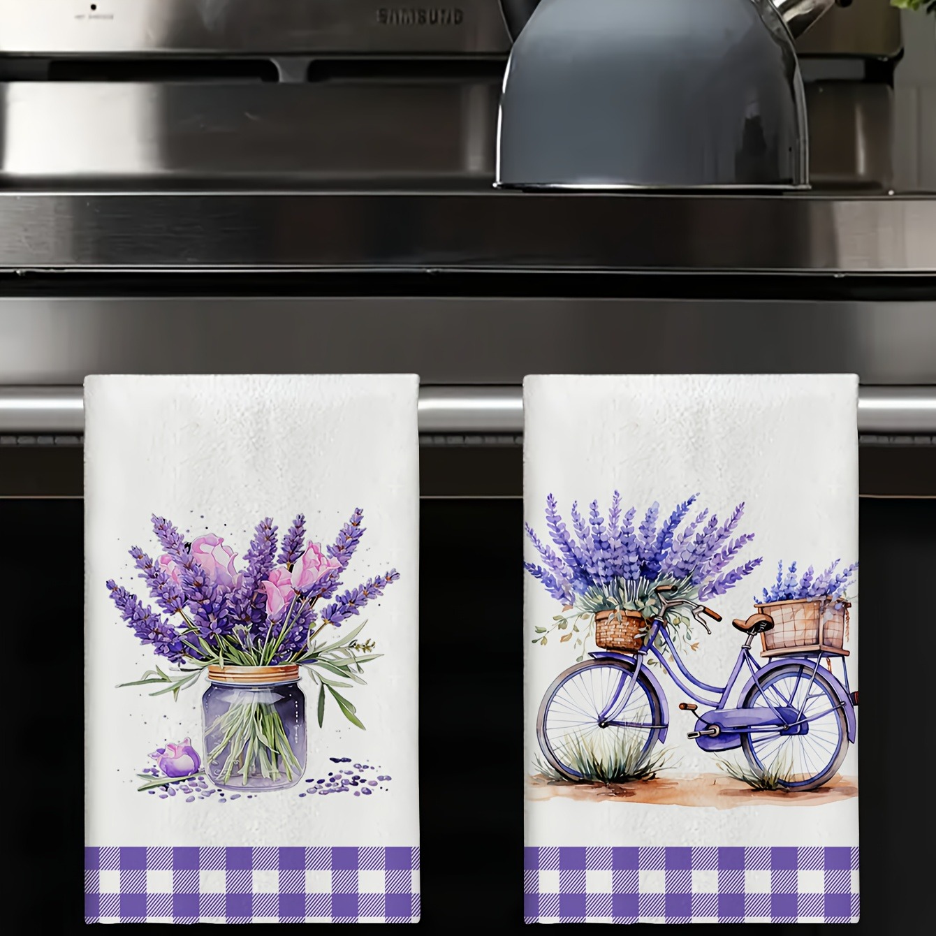 TEMU 2pcs Lavender Bicycle Pattern Dish Towels & Cleaning Cloths - Soft Absorbent Suitable, Hand Washable Towel Mats With Decorative Suitable For