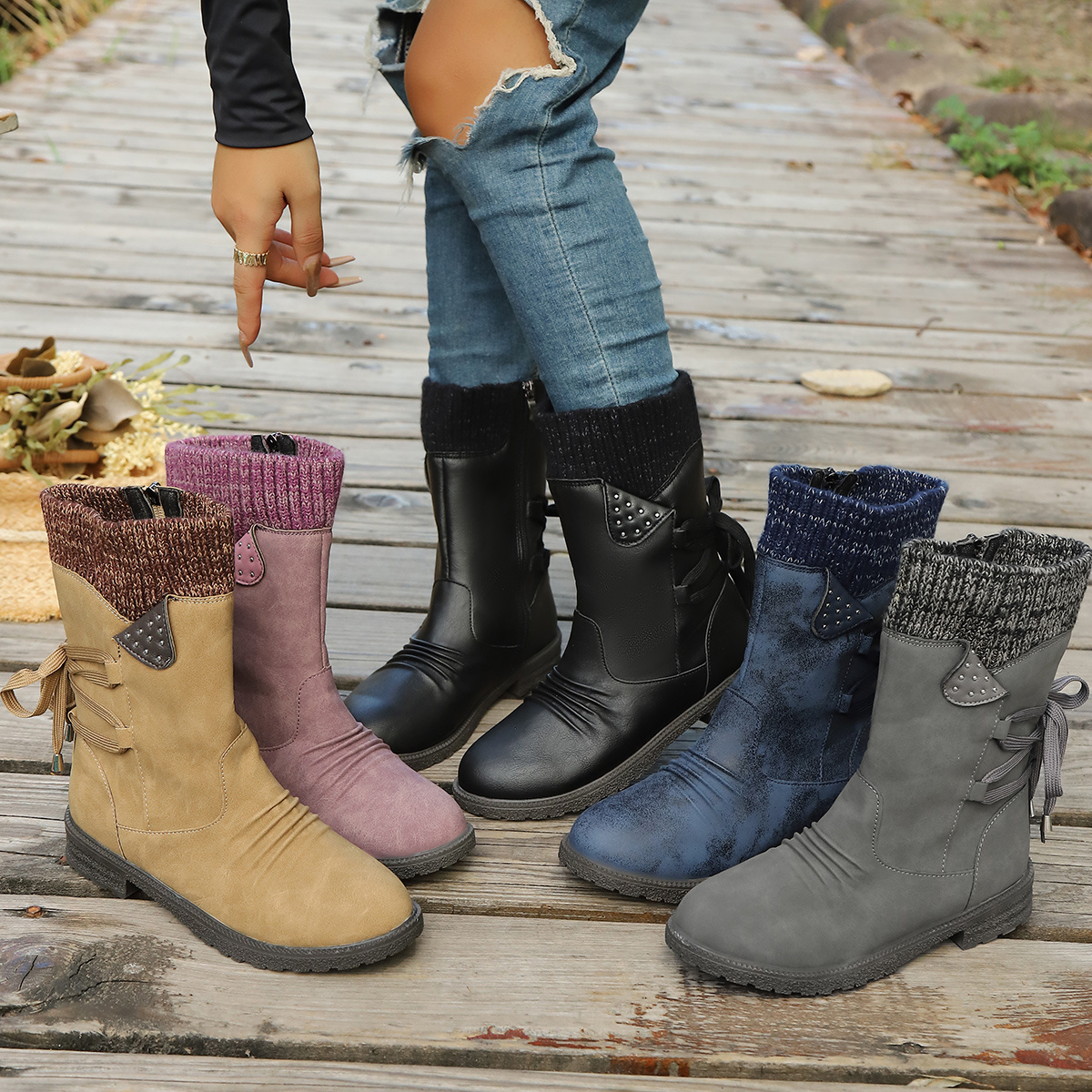 retro classic elegant s   calf boots elastic shoe opening design lace up adjustment for plus size girls multiple colors   grey black   and purple womens footwear cute round toe slip on autumn ankle boots   to ladies lightweight   daily   vacation travel outdoor sports trendy scene 1