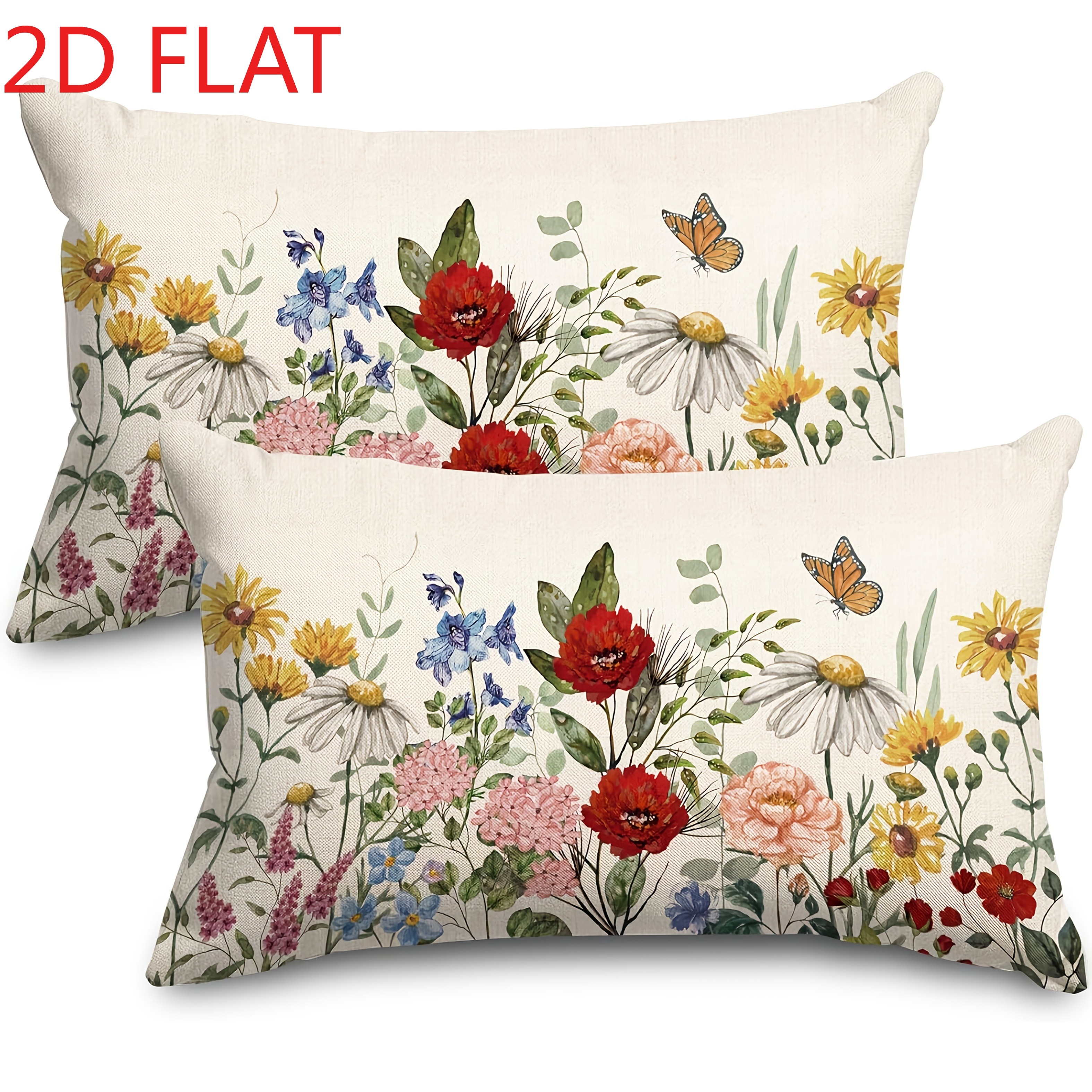 TEMU Set Of 2 Pillowcases, 2d Flat Polyester Single-sided Print, Watercolor And Pattern Lumbar Pillow Cover, Soft, Skin-friendly, And Breathable