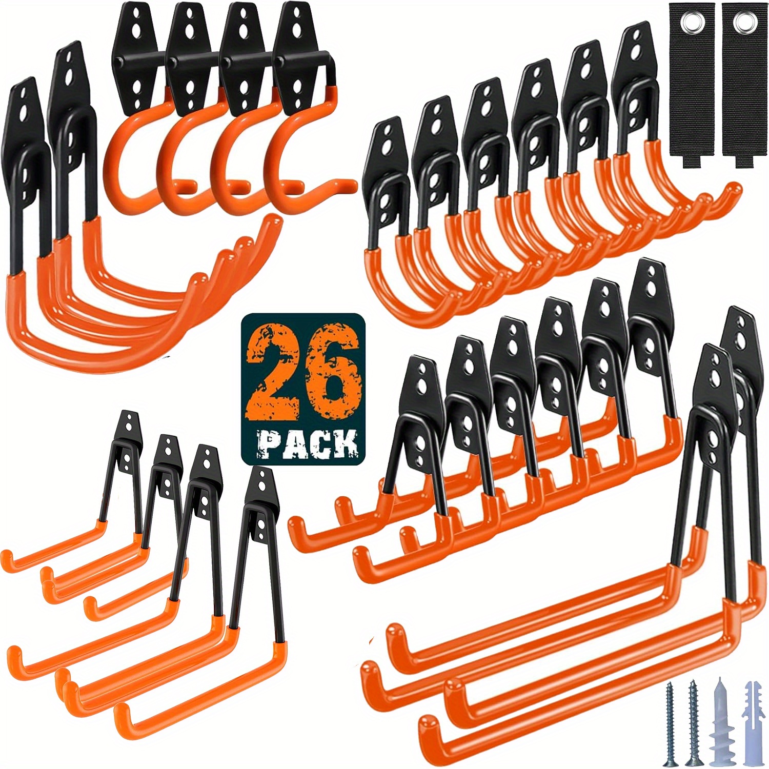 TEMU 26pcs Garage Wall Hooks Set, Heavy Duty Steel Utility Storage Hooks, Garage Organization & Storage For Garden Tools, Chairs, Ropes, Sturdy Wall