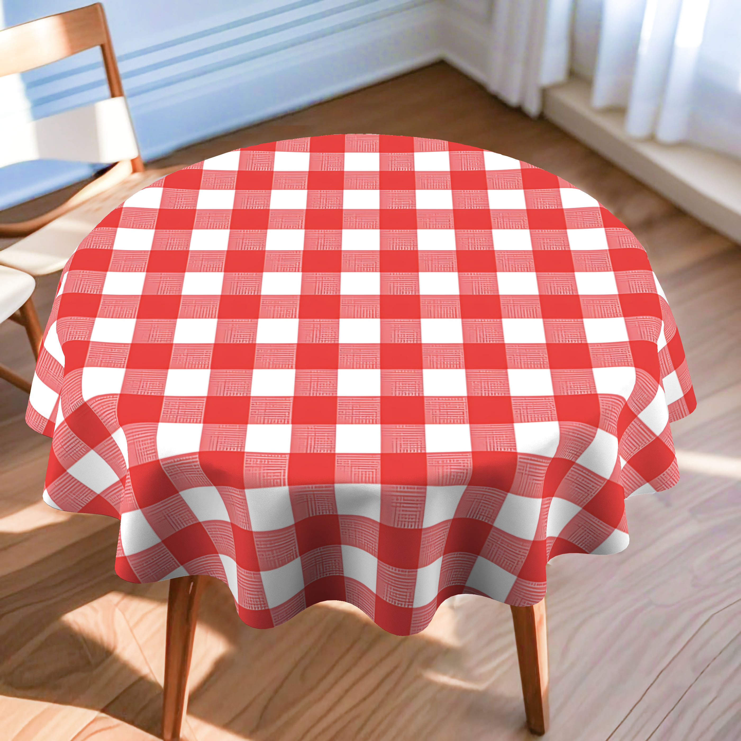 TEMU 2d Flat Print Polyester Round Circular Tablecloth Round Tablecloth With A Red And White Checkered Pattern, Featuring Ing. This Durable,