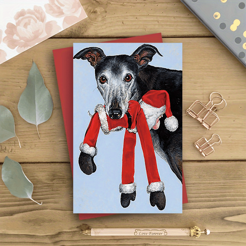 TEMU 1pc Christmas Greeting Card Featuring A Greyhound Dressed As Santa Claus, Suitable For All Recipients