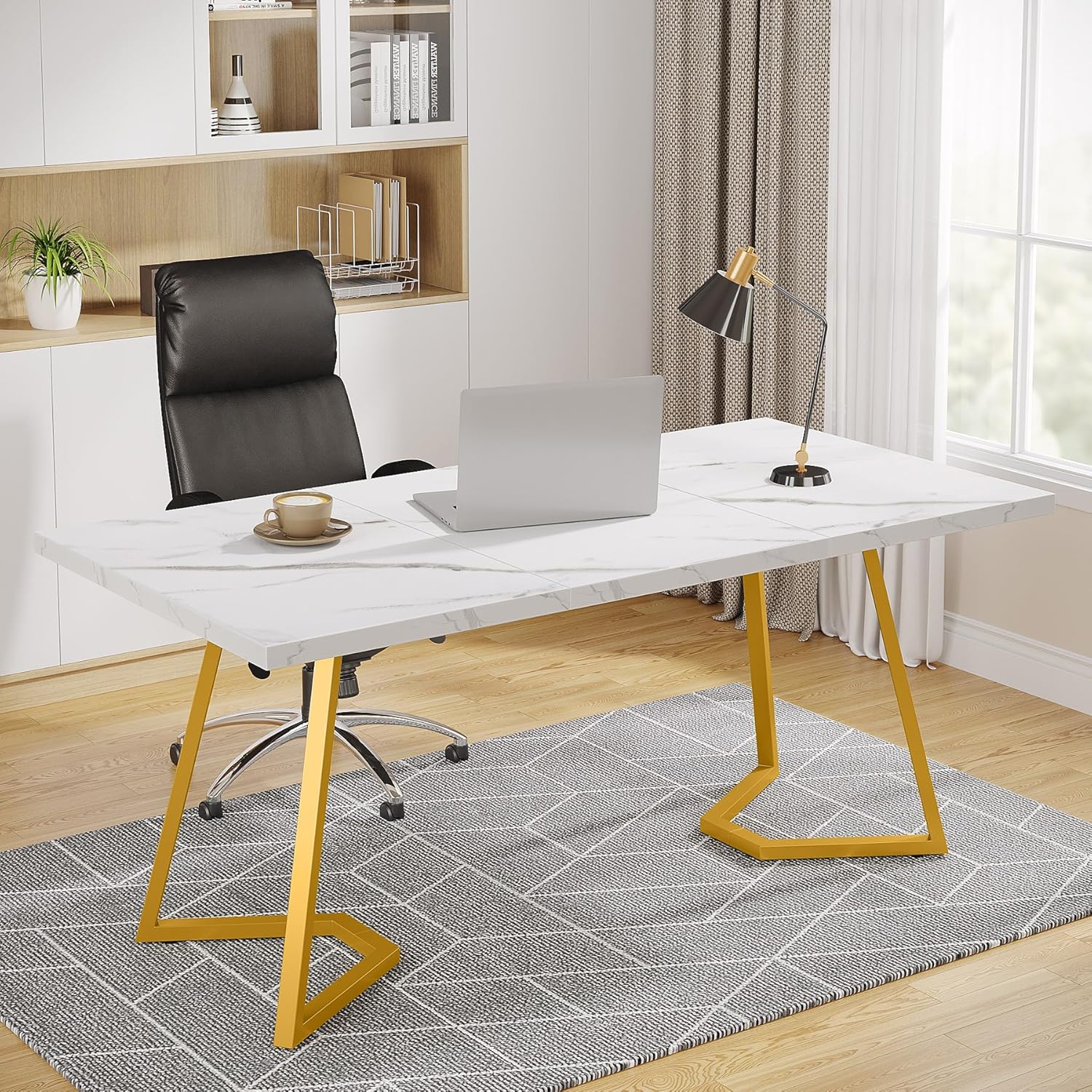 Modern Golden Computer Desk: 55 Inches White And Office Desk With Metal Legs, Marble Study Writing Table For Small Spaces, Simple Desk For Bedroom