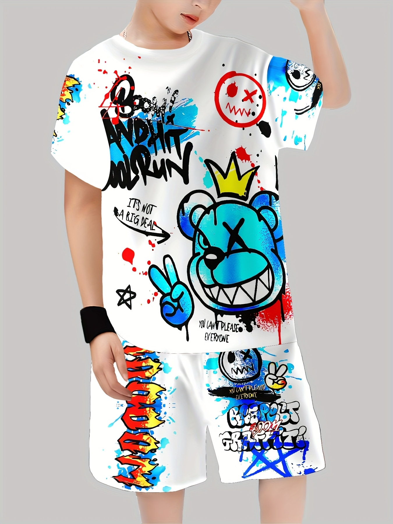 streetbubu   graffiti bear 2pcs outfit   cartoon t shirt graffiti print shorts boys summer casual set   outdoor