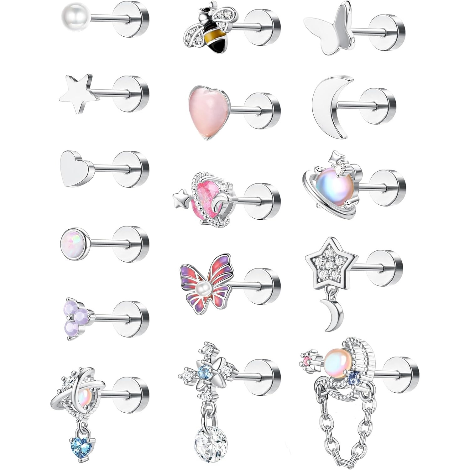 Image of 2d Flat, 16pcs Dangle Cartilage Earrings For Women Men Stainless Steel Tragus Stud Earrings 16g And 20g Heart Cz Opal Flat Back Earrings Cartilage Tragus Conch Helix Daith Piercing Jewelry