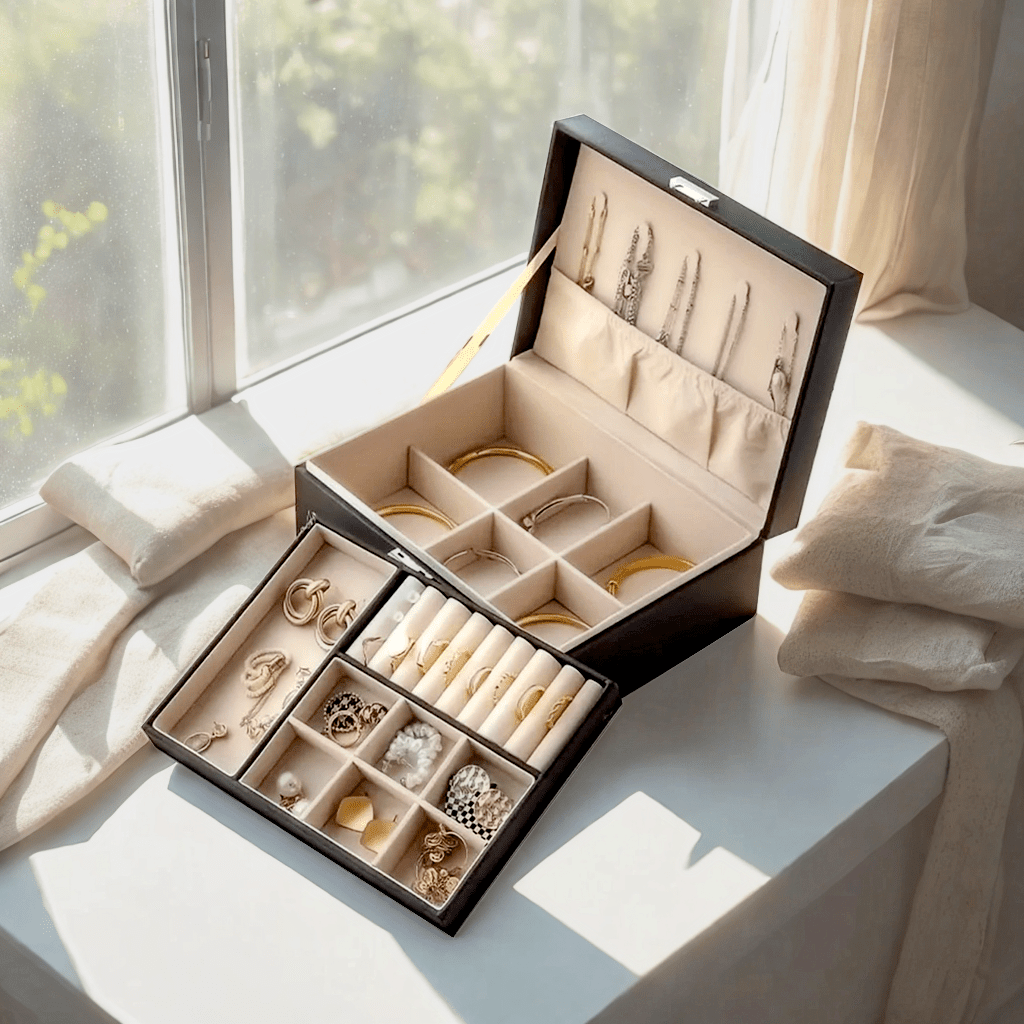 vintage   organizer box with soft beige lined interior multi layer storage for necklaces earrings rings watches   case for wedding home decor birthday anniversary gift durable pu leather construction wedding accessory   protective lining bridal accessories Product details 7