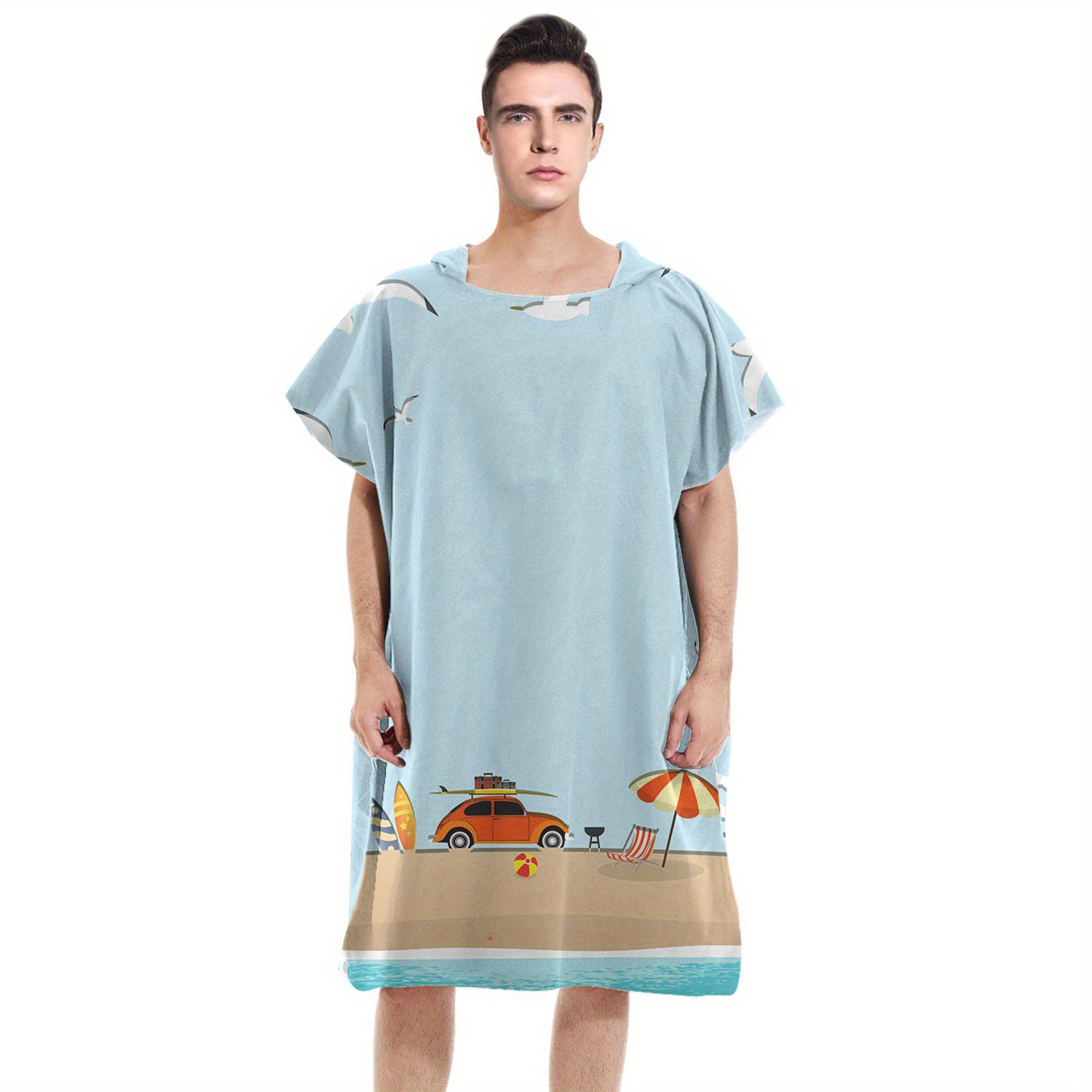 TEMU 1pc Microfiber Hooded Bath Towel - Light Blue With & Beach Scene Design, Bathing, Swimming Pool, Travel Supplies, Holiday Gifts, Beach