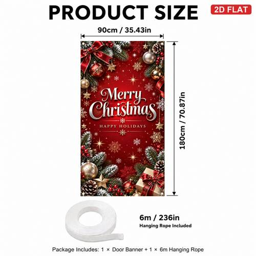 2d flat 2d door banner 2d flat banner 1pc pack christmas door cover banner merry christmas red background with christmas ornaments pine branches and gift box pre holes at for easy hanging a rich