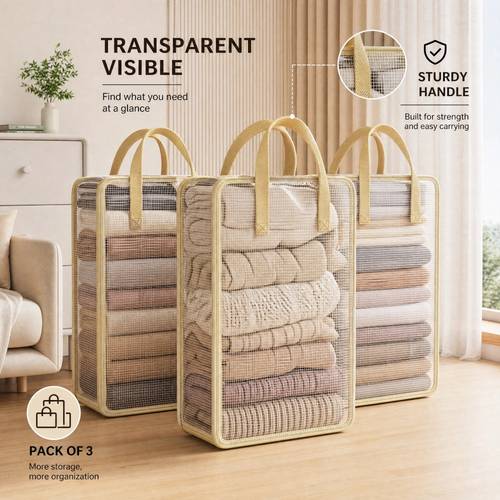 3 pack clear mesh storage boxes with sturdy handles foldable breathable clothes organizer bin for closet towels bedding and household