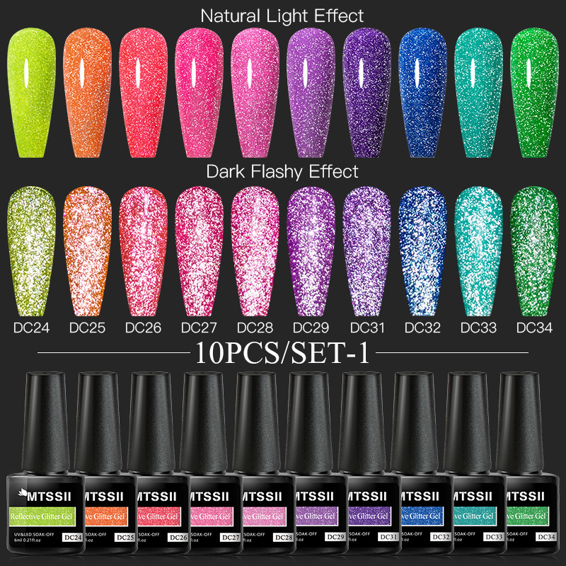 Image of Mtssii 10 Colors Neon Reflective Glitter Gel Set, Fluorescent Gel Nail Polish, Soak Off Led Nail Gel
