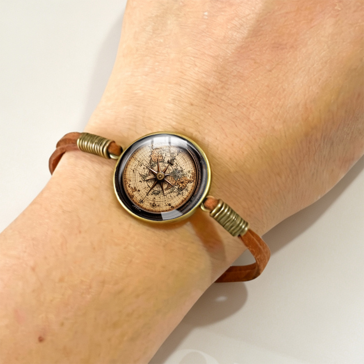 Vintage Nautical Compass Scale Pattern Round Glass Bracelet