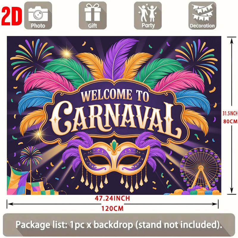TEMU 2D Plat Banner, 2D Plat Carnaval Achtergrond Banner, 1 Polyester Carnaval Welkom Poster, Kleurrijke Veren Masker Vuurwerk Glans-Polyester , Geen