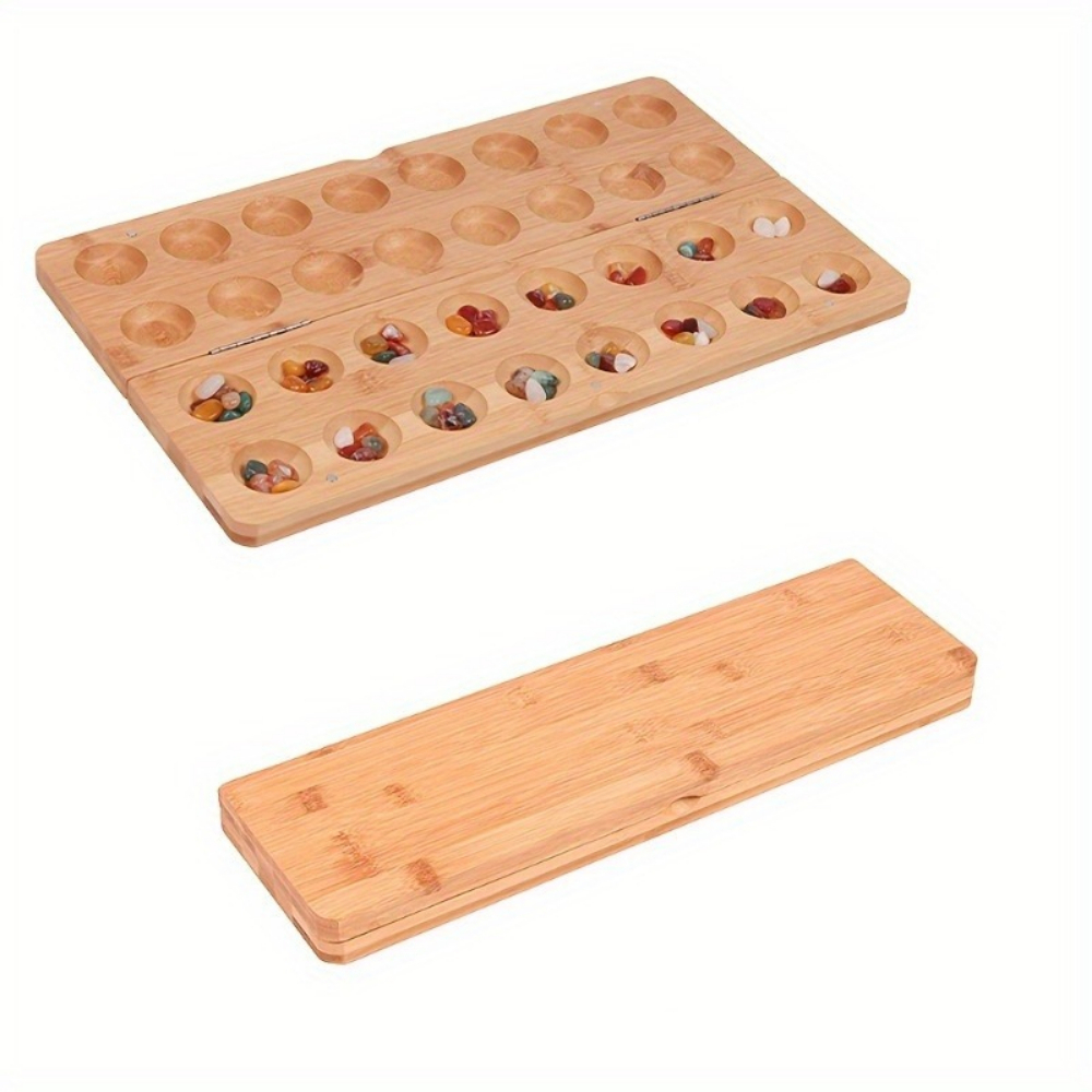 Image of Portable Folding Wooden Board Game Set With Multi-colored Glass Stones And Gemstone Chess Pieces, Perfect For , Play, With Birthday, Christmas, Hallowmas Gifts
