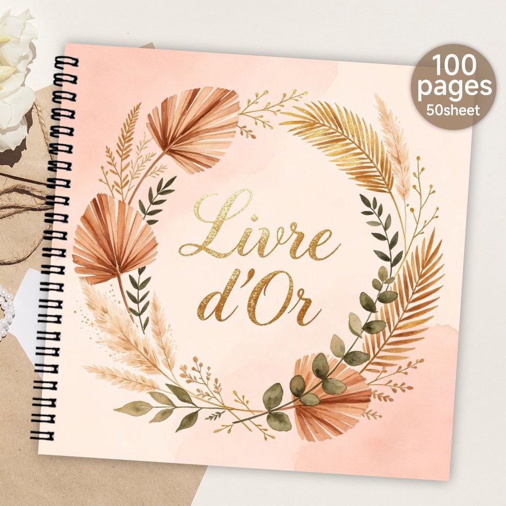 TEMU 1pc 'or , Page vierge Boho Couronne de pampas séchées Rose Doré Aquarelle ' d'invités Message & Livre de signature Cadeau significatif & Album