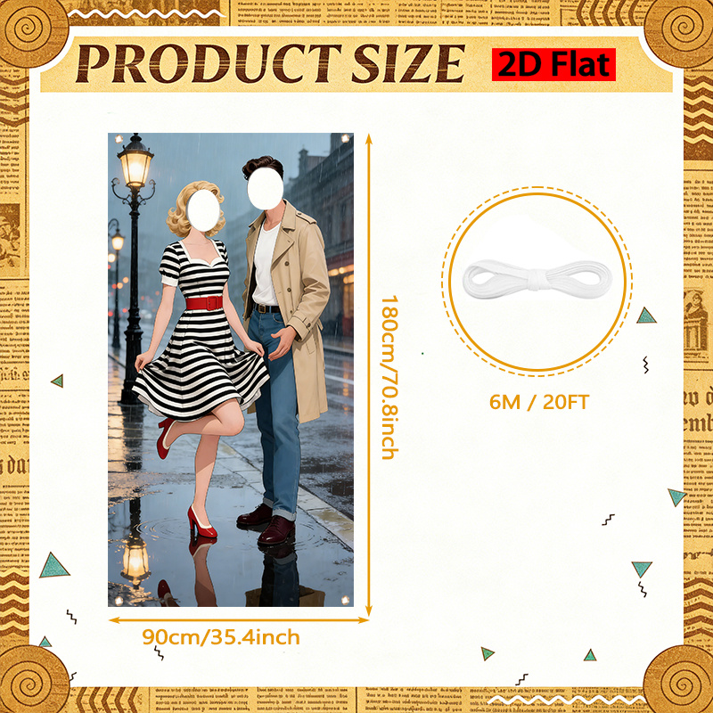 1950s 1980s party themed photo banner striped dress red belt trench coat street couple illustration vintage prom fabric backdrop polyester indoor and outdoor use
