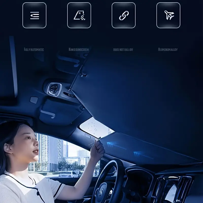 automatic retractable front windshield sunshade heat resistant car accessory with durable fabric glare reduction privacy shade for all vehicles sun protection driving seamless interior heatresistant fabric material drivers details 2