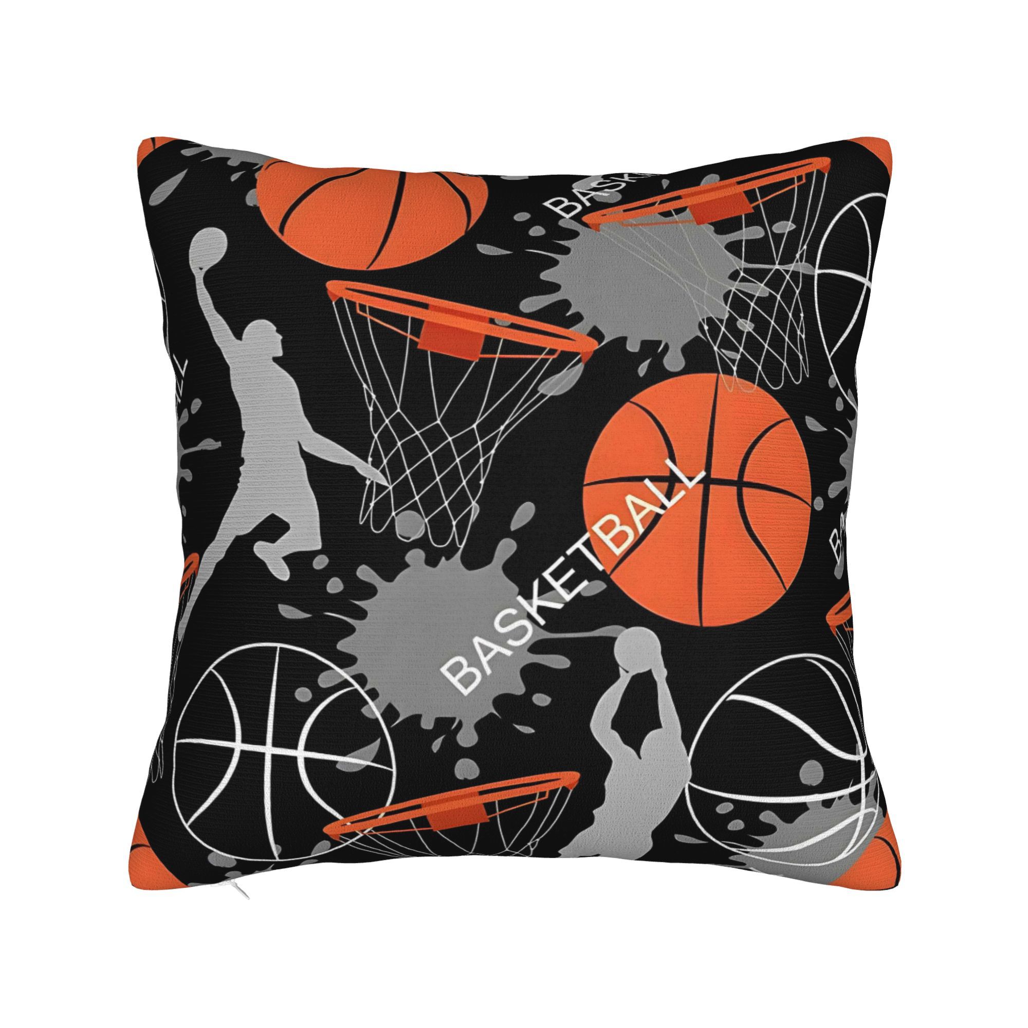 TEMU Decorative Throw Pillowcase Featuring A Vibrant Basketball Design On A Black Polyester Cushion Cover For Home Chairs
