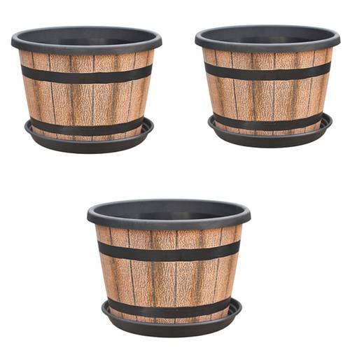 three large thick flower pots with drainage holes and saucers designed to plastic wine barrels suitable for indoor outdoor gardens home plants durable and stylish decor indoor and outdoor planters