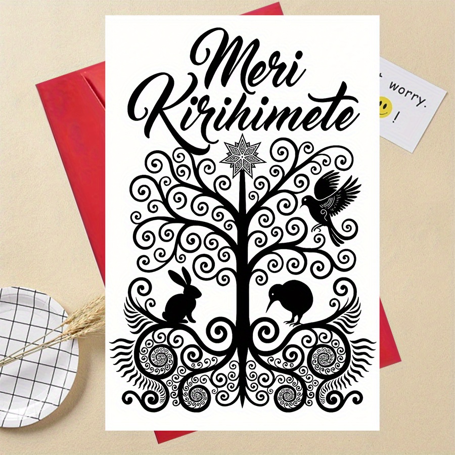 TEMU 1pc Maori Style Christmas Card, Tree And Native Animal Design- "meri Kirihimete" Greeting, Red Envelope, Gift For , Family, And Colleagues,