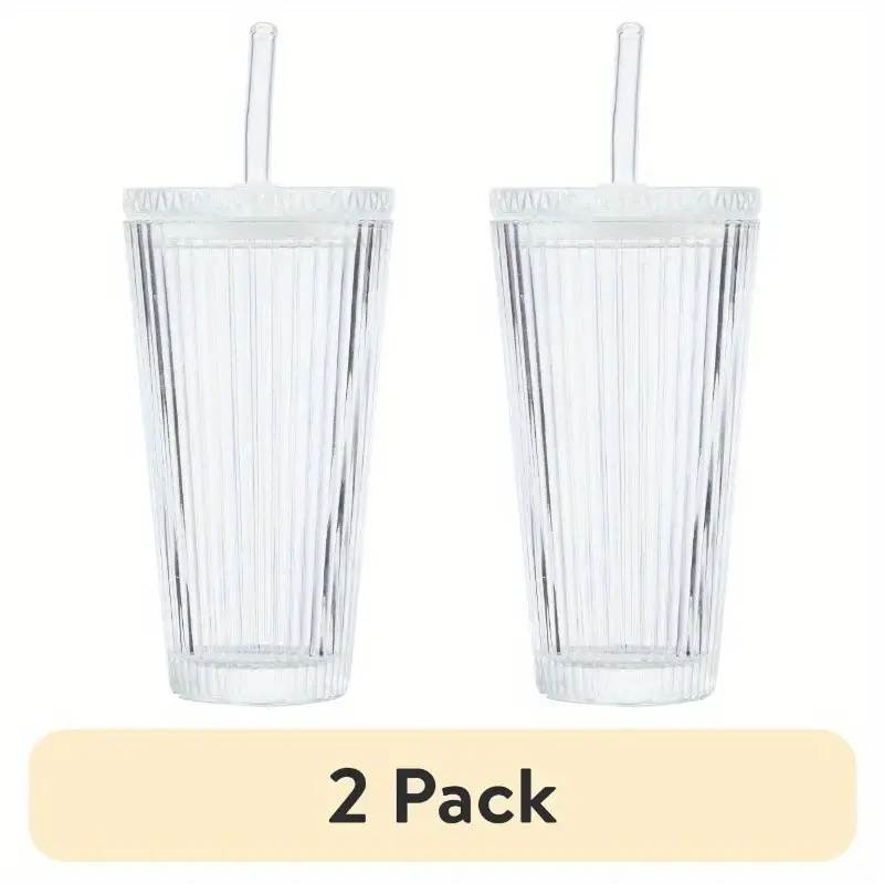 2pcs ribbed 21oz glass tumblers with lids straws clear reusable hand wash only iced beverages beverage serving ribbed glassware durable glass Product details 0