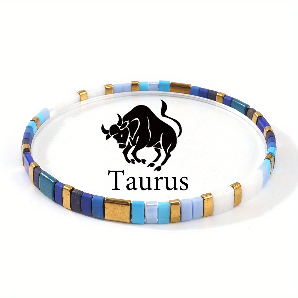 E-shop Frühling Sommer Neues Zodiac Stier - Handgefertigtes Blau Weißes Glasperlen TILA Elastisches Faden Armband Schmuck