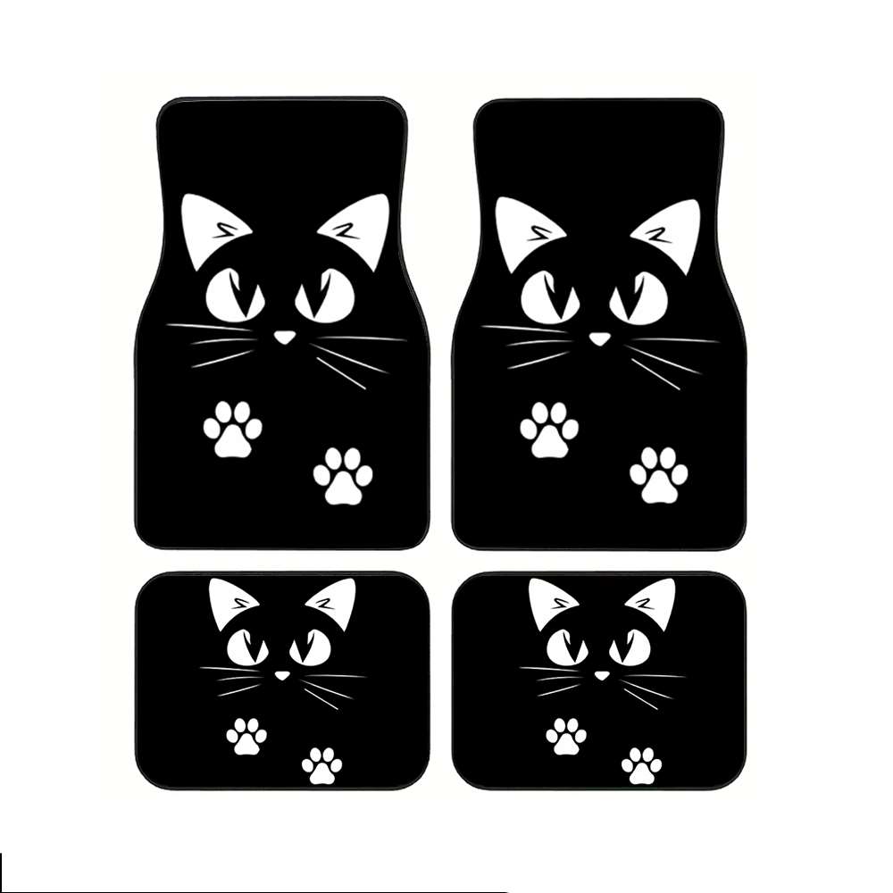 TEMU 4pcs, White Cat Print Pattern Black Car Floor Mats, Full Coverage Model, Xpe Anti-slip Wear-resistant Car Mats Suitable For Suv Interior, Fine