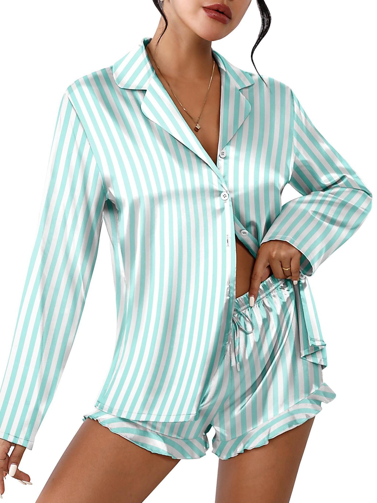 womens satin pajama sets long sleeve top shorts lounge set Temu