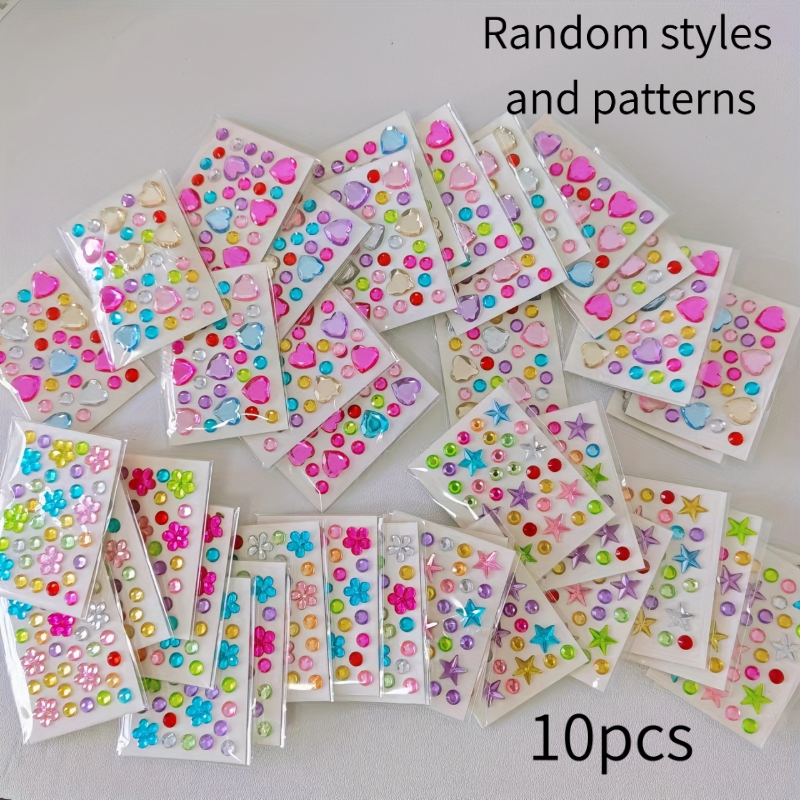 TEMU Self-adhesive Crystal Rhinestone Gem Stickers, Mini Heart, Flower & Star Shapes, Random Styles & Patterns, Colorful Acrylic Jewel Stickers For