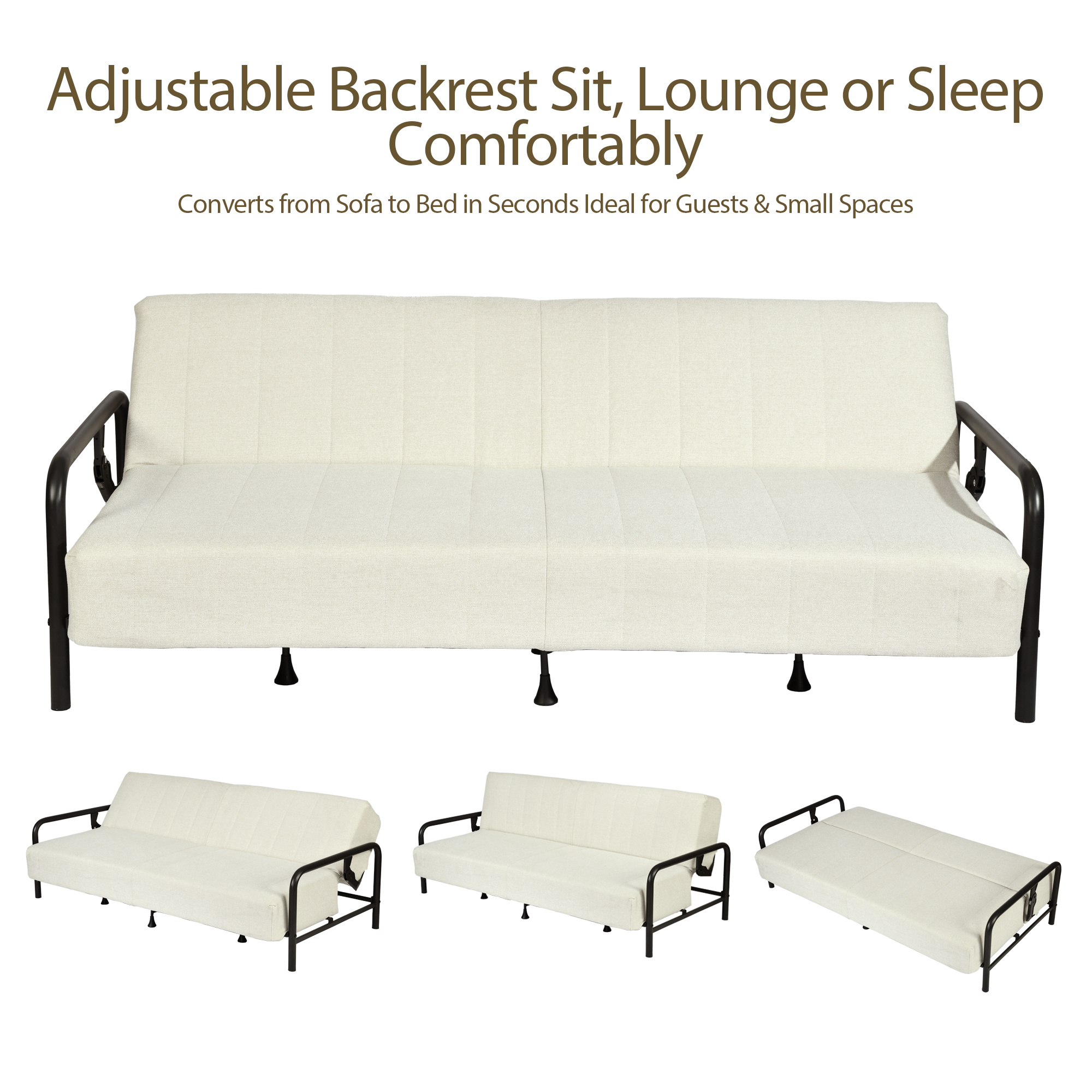 Modern Convertible Upholstered Sofa Bed with Adjustable Backrest & Independent Spring Support - Heavy-Duty Metal Frame, 600 Lbs Weight Capacity, Smooth Flat Sleeper Bed for Small Spaces, Guest Room, Daybed - Assembly, Space-Saving