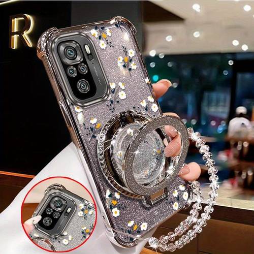 stylish phone case for the redmi note 10s featuring a yellow base white a circular ring stand and a transparent bead lanyard for and it adds a fashionable