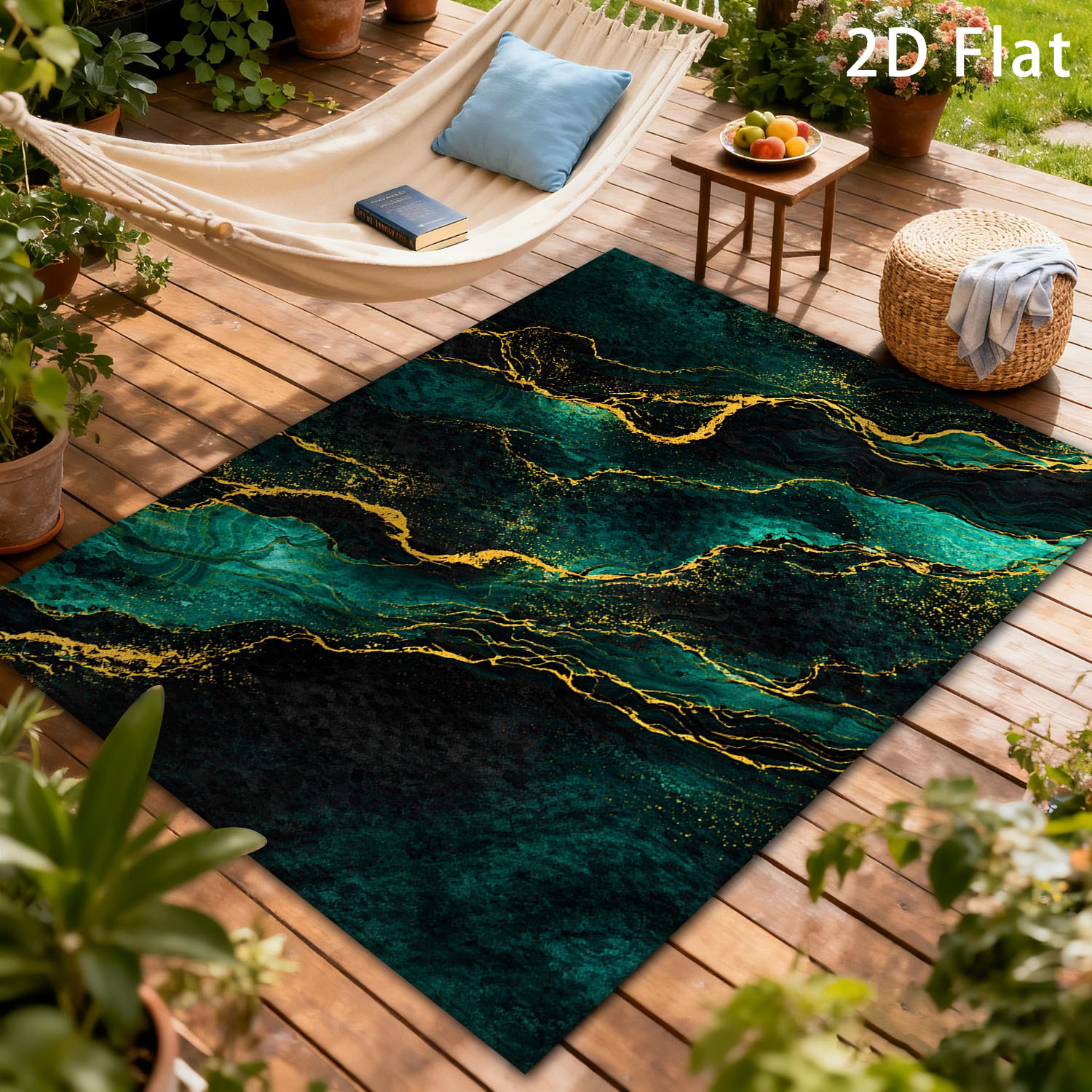 TEMU Tapis plat 2D 1 pièce pour salon et chambre, marbre vert et doré, tapis de sol pour décoration intérieure pour pièce, chevet, balcon, couloir