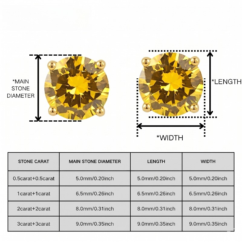 Women's 0.5/1/2/3 Carat 925 Silver Elegant Yellow Synthetic Zirconia Stud Earrings
