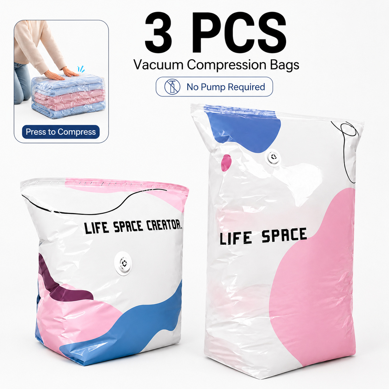 3pcs Pump-Free Vacuum Storage Bags, Large Cubic Vacuum Sealing Bags, Thickened Reusable Space-Saving Compression Bags, Suitable for Clothing, Blankets, Bedding, Home Furnishings, Moving, And Travel