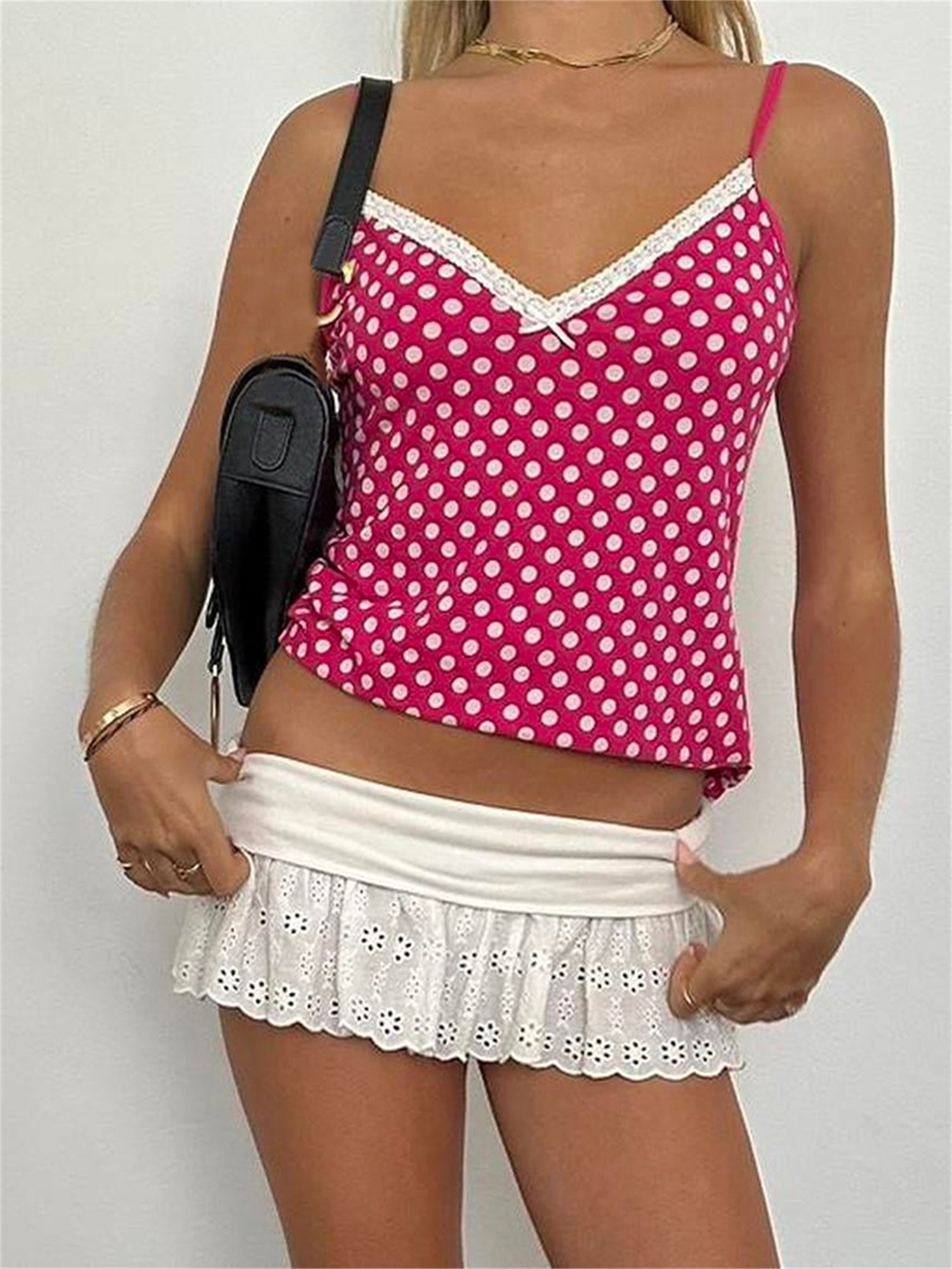 womens y2k polka dot cami tank top vibrant pink white lace - Temu