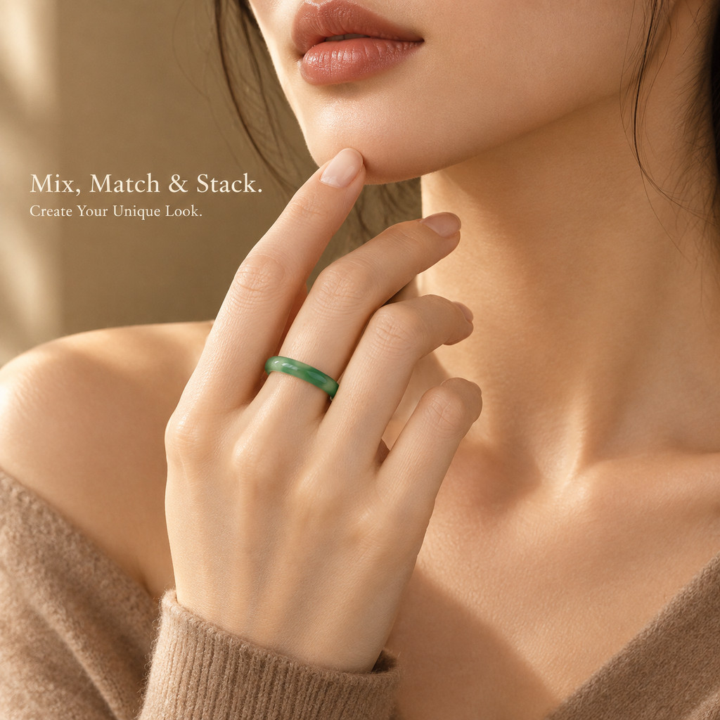 Women's Green Agate Natural Stone Band Ring, Stackable