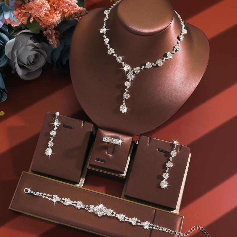 4pcs Jewelry Set with Silvery * Floral Pendants, Long Drop Earrings, Y-Shaped Clavicle Chain, Full * Bracelet And Ring, Matching Bridal Jewelry for Wedding Banquet Dresses