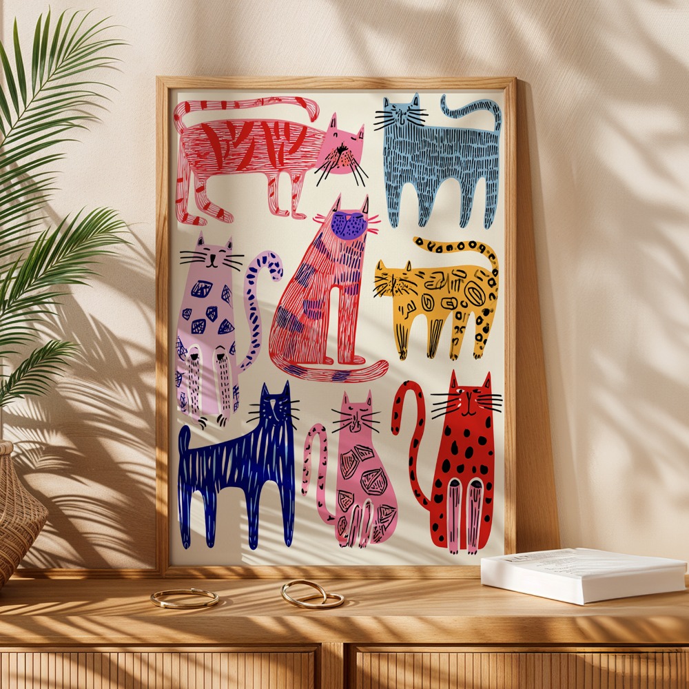 TEMU 2D Flach, 2D Flach, , Wanddekoration, Vintage Poster, Entzückender Katzen-Kunstdruck, Lebendige Farben, Verspielte Tier-Leinwandkunst, Deko für